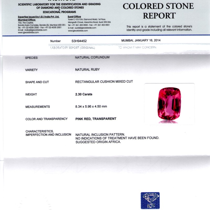 2.30 Ct IGI Certified Unheated Untreated Natural Pinkish Ruby **RARE**