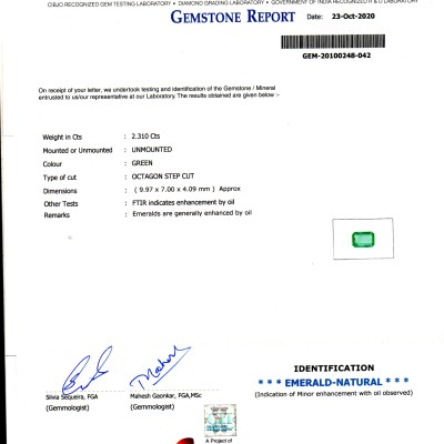 2.31 Ct GII Certified Untreated Natural Zambian Emerald Gems AAA 2.31 Ct GII Certified Untreated Natural Zambian Emerald Gems AAA