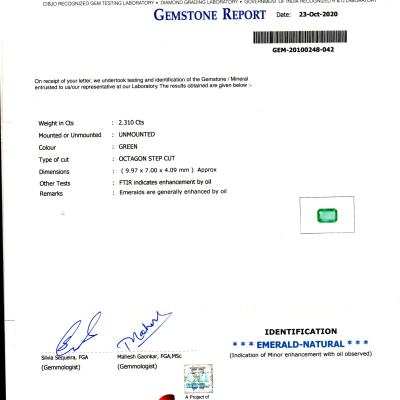 2.31 Ct GII Certified Untreated Natural Zambian Emerald Gems AAA 2.31 Ct GII Certified Untreated Natural Zambian Emerald Gems AAA