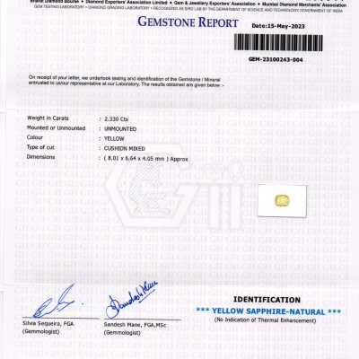 2.33 Ct GII Certified Unheated Untreated Natural Ceylon Yellow Sapphire