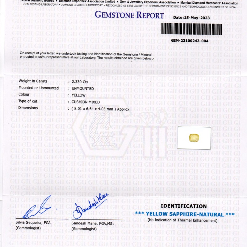 2.33 Ct GII Certified Unheated Untreated Natural Ceylon Yellow Sapphire