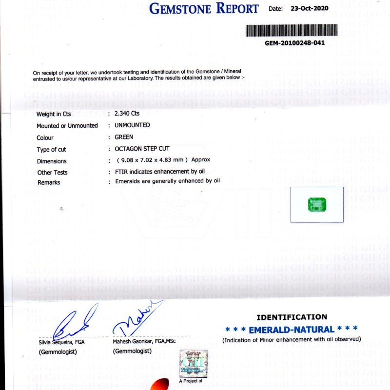 2.34 Ct GII Certified Untreated Natural Zambian Emerald Gemstone