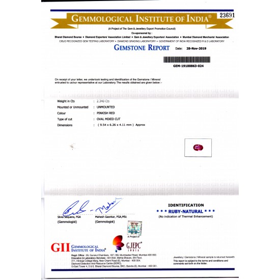 2.34 Ct GII Certified Unheated Untreated Natural Madagaskar Ruby