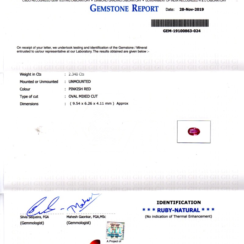 2.34 Ct GII Certified Unheated Untreated Natural Madagaskar Ruby 2.34 Ct GII Certified Unheated Untreated Natural Madagaskar Ruby