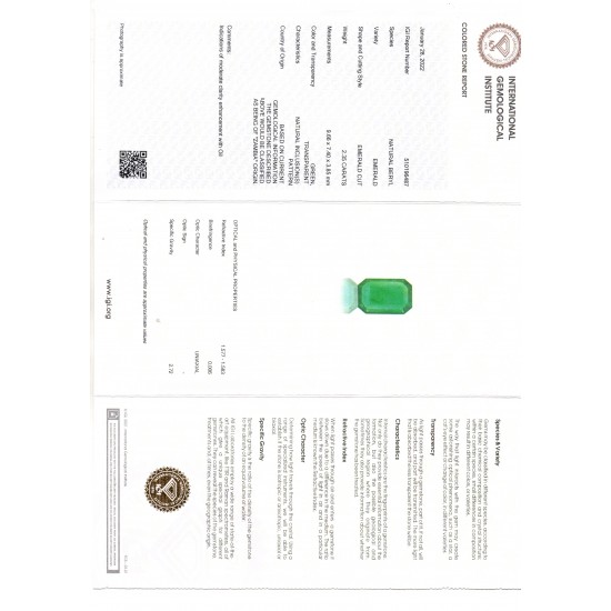 2.35 Ct IGI Certified Untreated Natural Zambian Emerald Gemstone