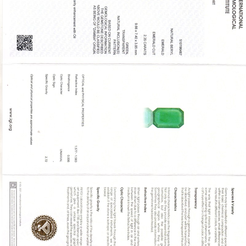 2.35 Ct IGI Certified Untreated Natural Zambian Emerald Gemstone