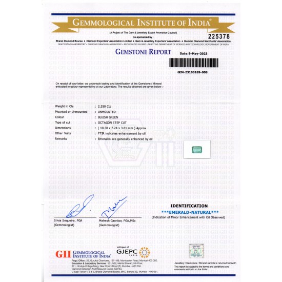 2.35 Ct GII Certified Untreated Natural Zambian Emerald Panna Gemstone