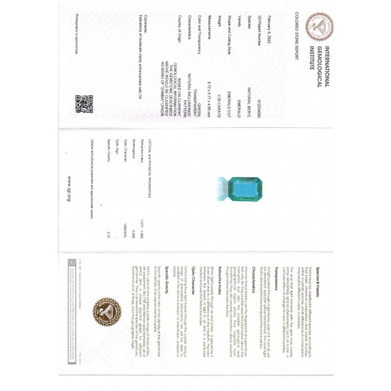 2.35 Ct IGI Certified Untreated Natural Zambian Emerald Gemstone AAA