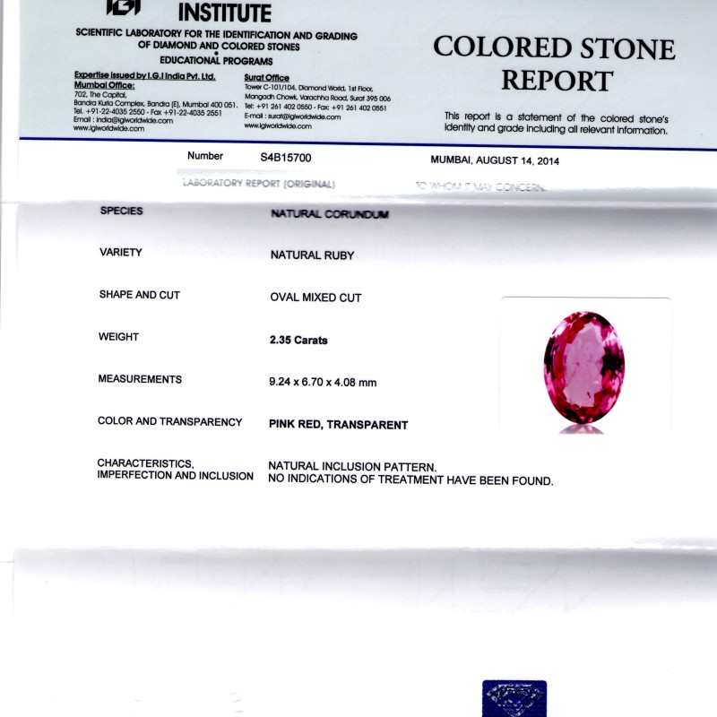 2.35 Ct IGI Certified Unheated Untreated Natural Madagaskar Ruby