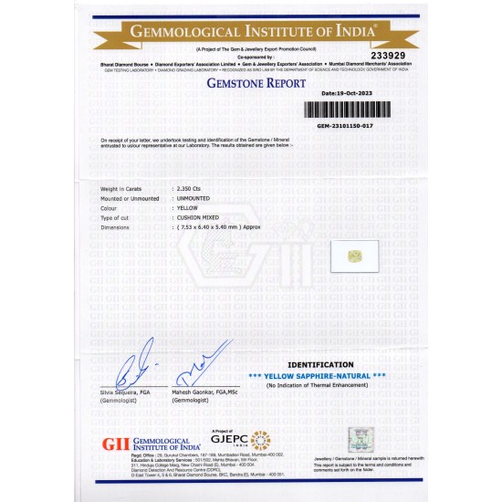 2.35 Ct Certified Unheated Untreated Natural Ceylon Yellow Sapphire