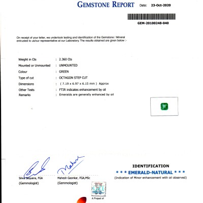 2.36 Ct GII Certified Untreated Natural Zambian Emerald Gems AAA