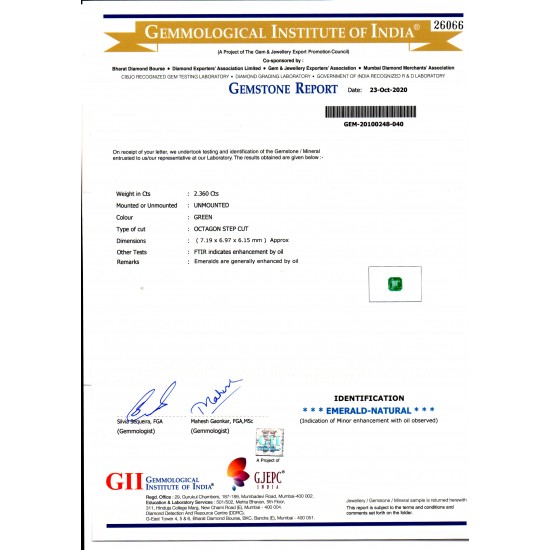 2.36 Ct GII Certified Untreated Natural Zambian Emerald Gems AAA