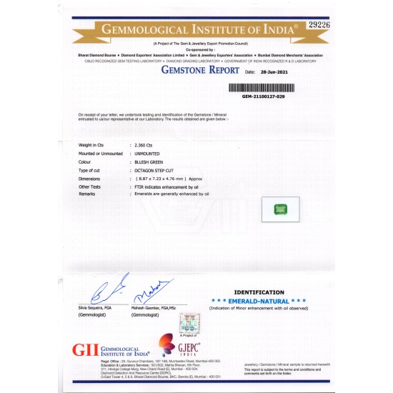 2.36 Ct GII Certified Untreated Natural Zambian Emerald Gemstone AAAAA