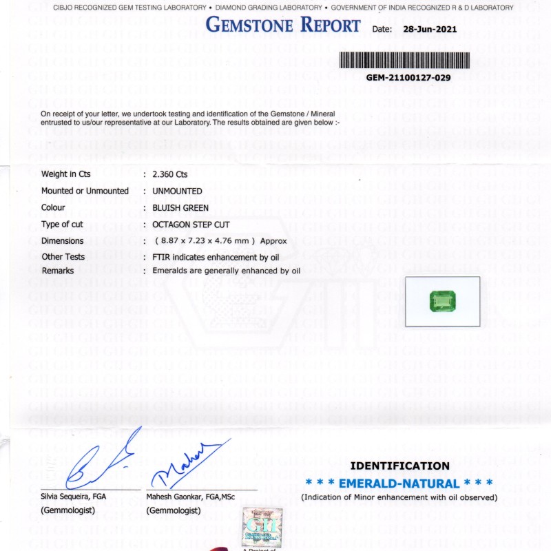 2.36 Ct GII Certified Untreated Natural Zambian Emerald Gemstone AAAAA
