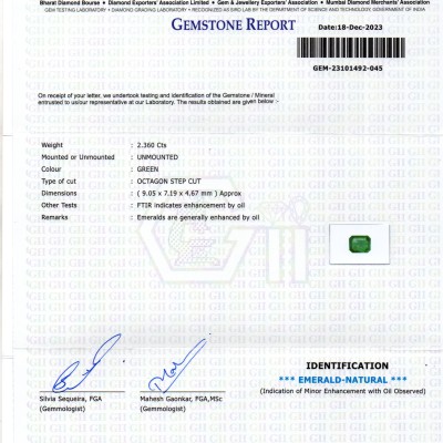 2.36 Ct GII Certified Untreated Natural Zambian Emerald Panna AAA