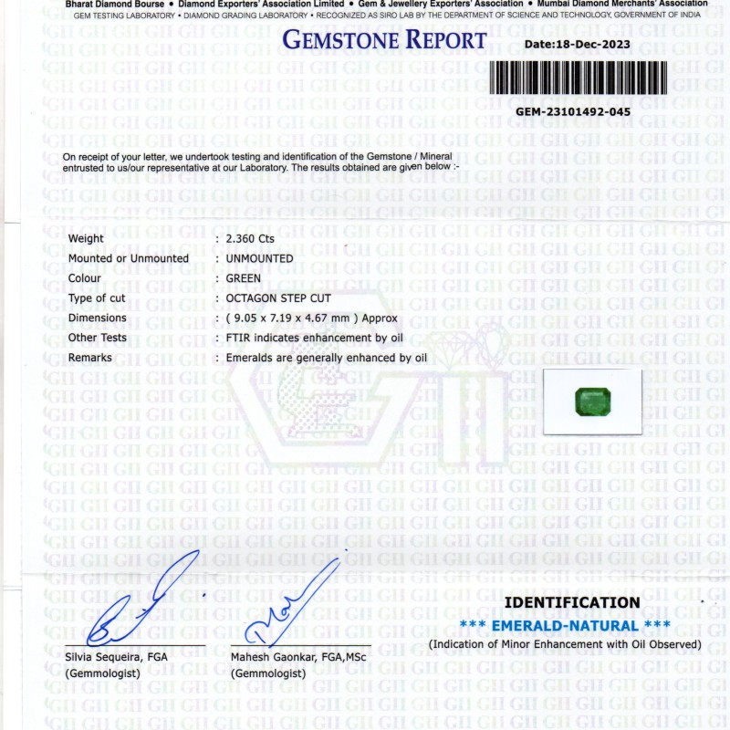 2.36 Ct GII Certified Untreated Natural Zambian Emerald Panna AAA