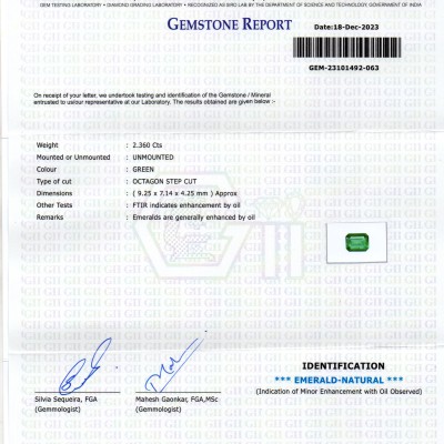 2.36 Ct GII Certified Untreated Natural Zambian Emerald Panna AAAA