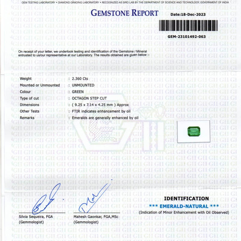 2.36 Ct GII Certified Untreated Natural Zambian Emerald Panna AAAA
