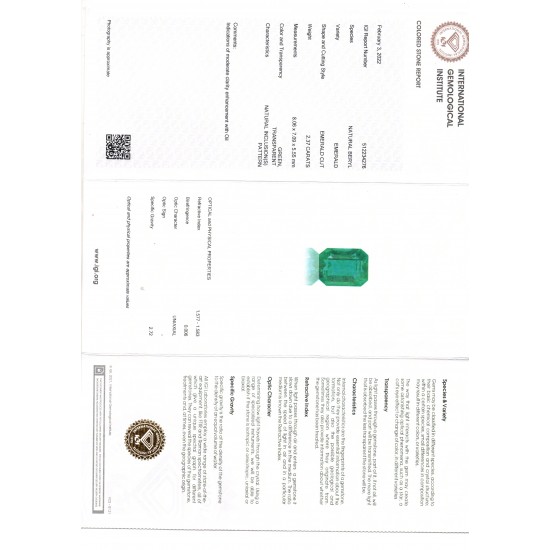 2.37 Ct IGI Certified Untreated Natural Zambian Emerald Gemstone AAA