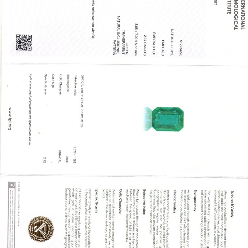 2.37 Ct IGI Certified Untreated Natural Zambian Emerald Gemstone AAA