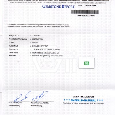 2.37 Ct GII Certified Untreated Natural Zambian Emerald Gemstone 2.37 Ct GII Certified Untreated Natural Zambian Emerald Gemstone