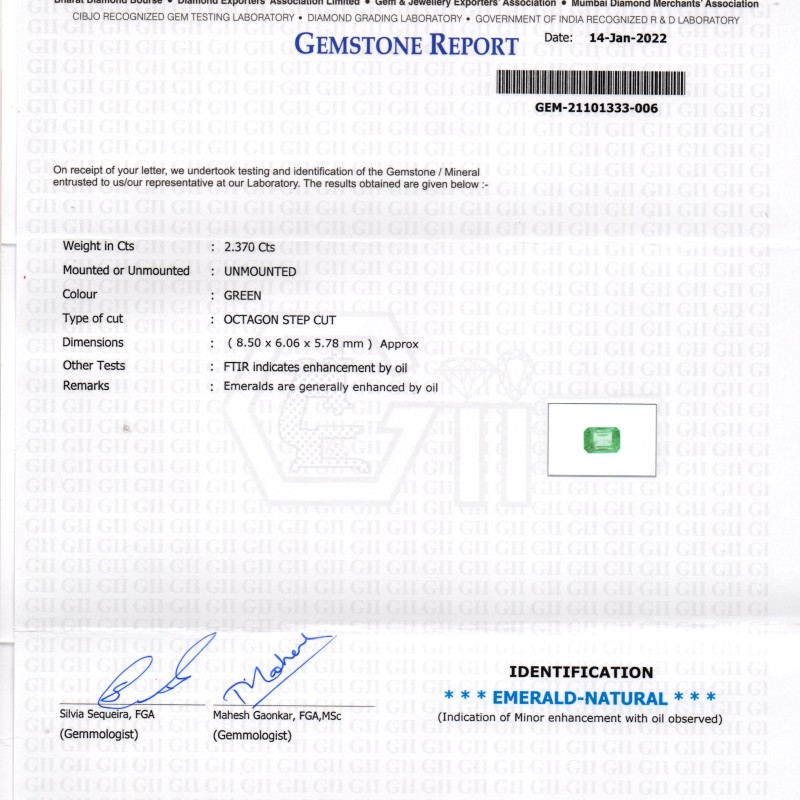 2.37 Ct GII Certified Untreated Natural Zambian Emerald Gemstone 2.37 Ct GII Certified Untreated Natural Zambian Emerald Gemstone