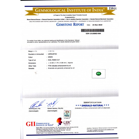 2.38 Ct GII Certified Untreated Natural Zambian Emerald Gems AAAAA