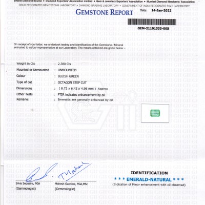 2.38 Ct GII Certified Untreated Natural Zambian Emerald Gemstone
