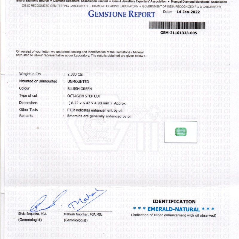 2.38 Ct GII Certified Untreated Natural Zambian Emerald Gemstone