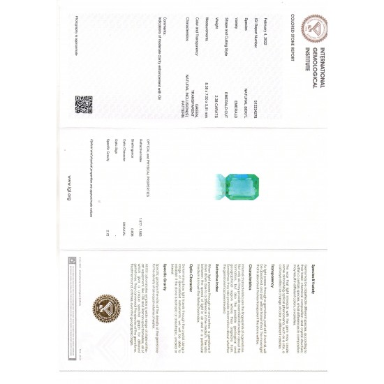 2.38 Ct IGI Certified Untreated Natural Zambian Emerald Gemstone AAA