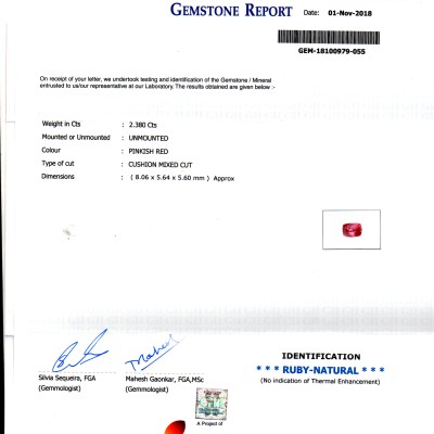 2.38 Ct GII Certified Unheated Untreated Natural Madagaskar Ruby AA 2.38 Ct GII Certified Unheated Untreated Natural Madagaskar Ruby AA