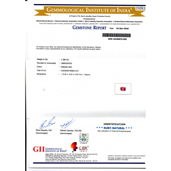 2.38 Ct GII Certified Unheated Untreated Natural Madagaskar Ruby AA