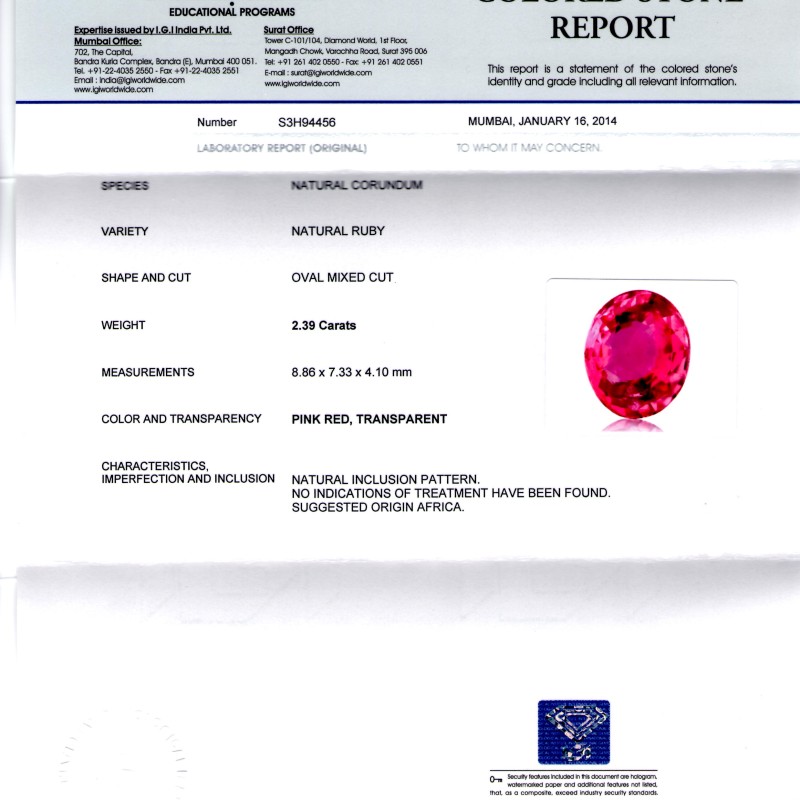 2.39 Ct IGI Certified Unheated Untreated Natural Pinkish Ruby **RARE** 2.39 Ct IGI Certified Unheated Untreated Natural Pinkish Ruby **RARE**