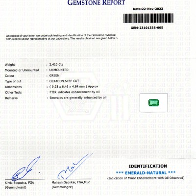 2.41 Ct GII Certified Untreated Natural Zambian Emerald Panna Gems