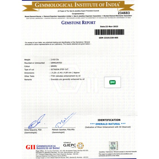 2.41 Ct GII Certified Untreated Natural Zambian Emerald Panna Gems