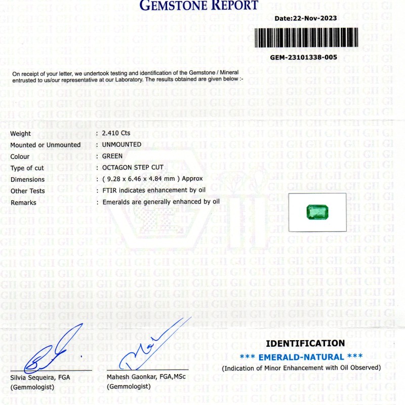 2.41 Ct GII Certified Untreated Natural Zambian Emerald Panna Gems