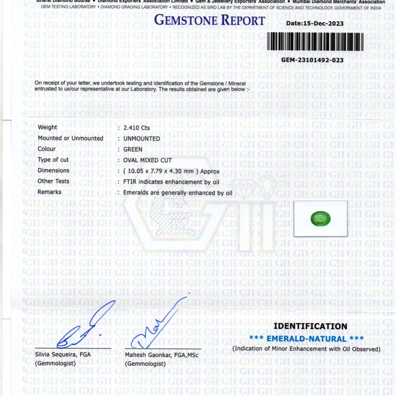 2.41 Ct GII Certified Untreated Natural Zambian Emerald Panna AAAA