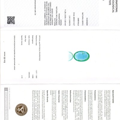 2.41 Ct IGI Certified Untreated Natural Zambian Emerald Gemstone AAA 2.41 Ct IGI Certified Untreated Natural Zambian Emerald Gemstone AAA