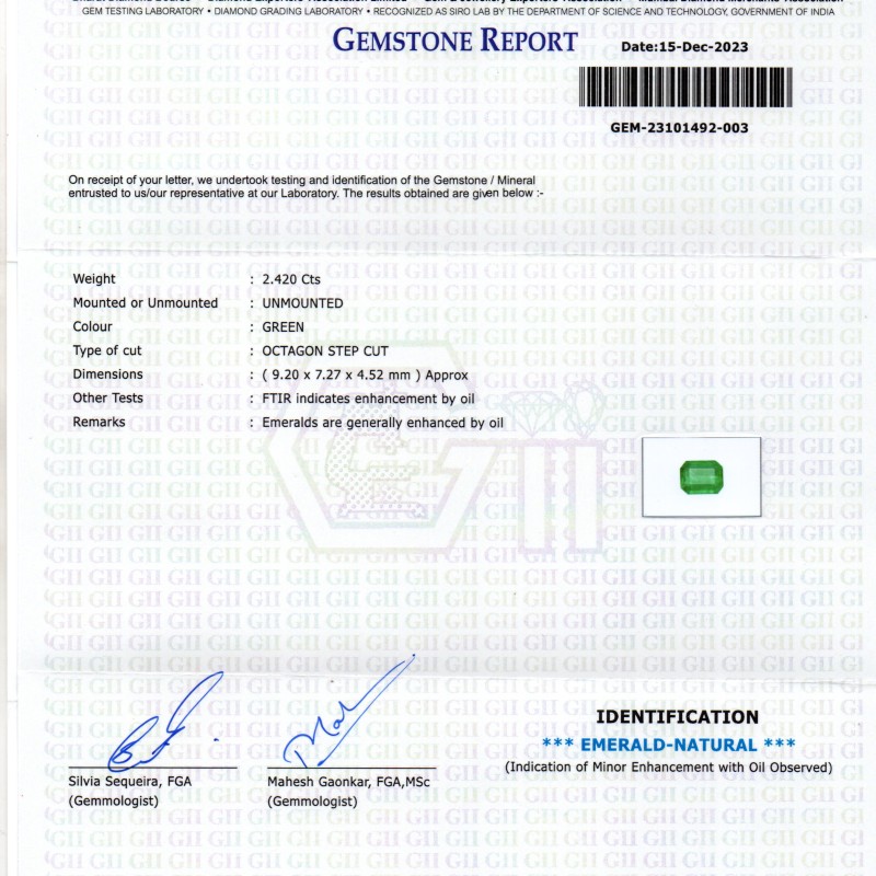 2.42 Ct GII Certified Untreated Natural Zambian Emerald Panna AAAA