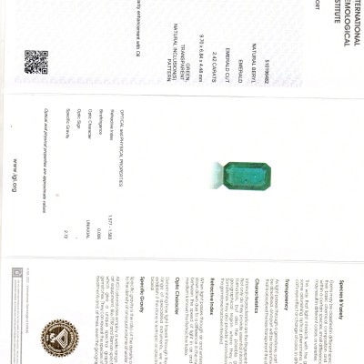 2.42 Ct IGI Certified Untreated Natural Zambian Emerald Gemstone 2.42 Ct IGI Certified Untreated Natural Zambian Emerald Gemstone