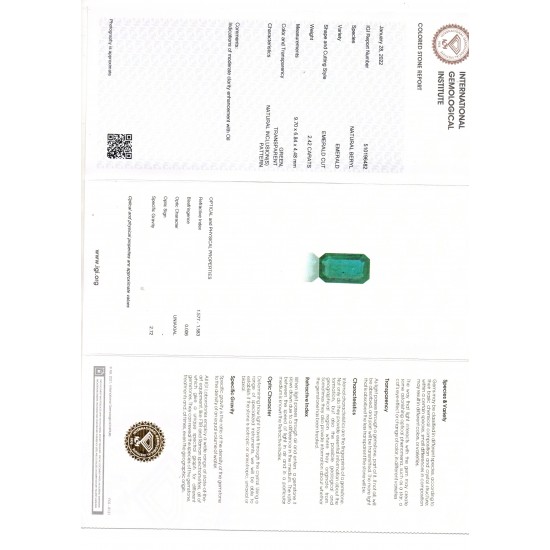 2.42 Ct IGI Certified Untreated Natural Zambian Emerald Gemstone
