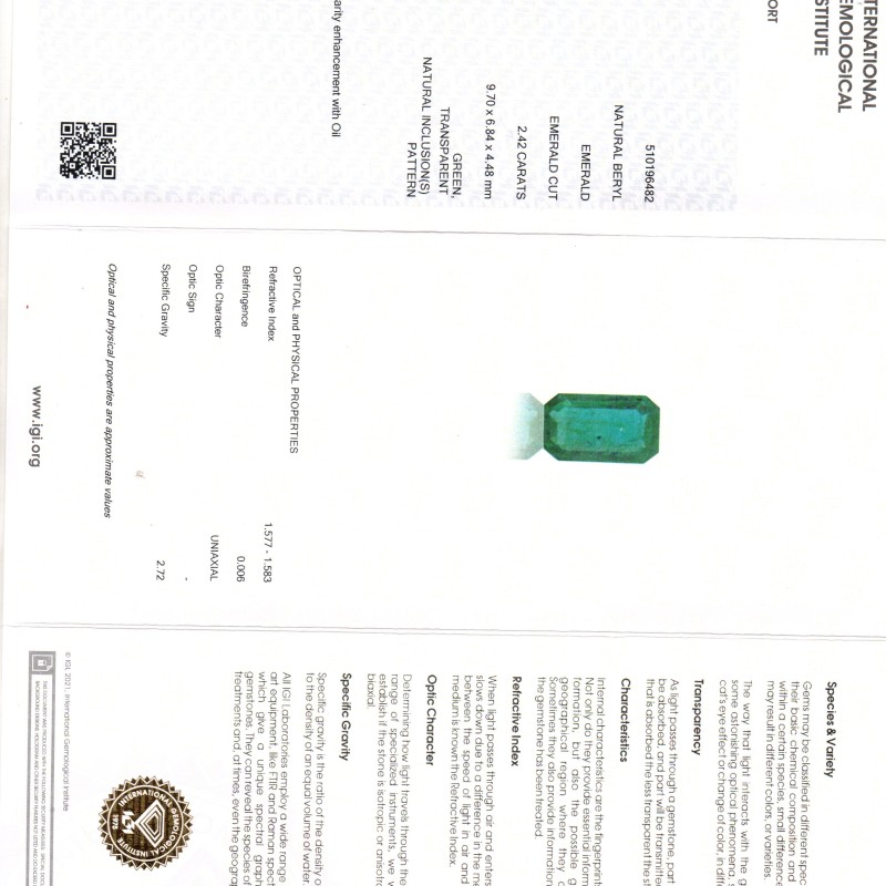 2.42 Ct IGI Certified Untreated Natural Zambian Emerald Gemstone 2.42 Ct IGI Certified Untreated Natural Zambian Emerald Gemstone