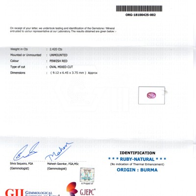 2.42 Ct GII Certified Unheated Untreated Natural Old Burma Ruby AAA