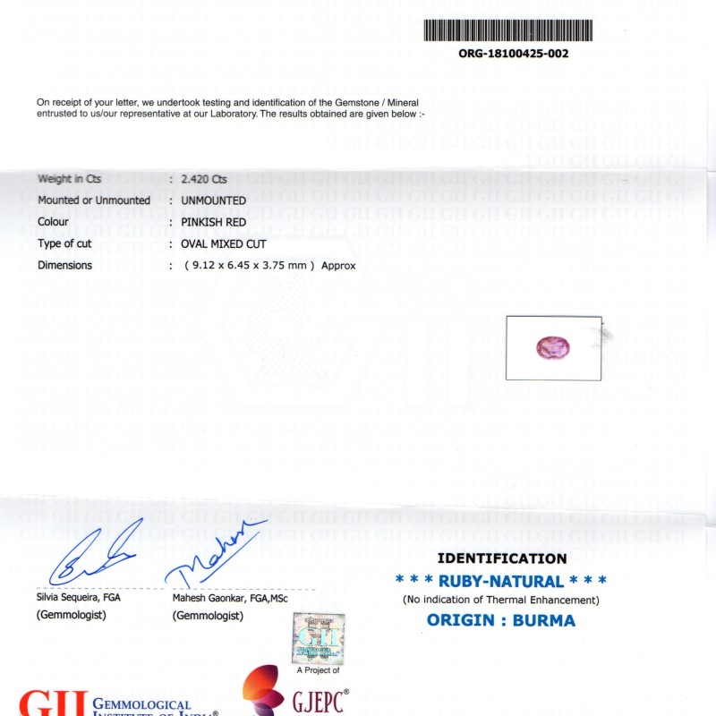 2.42 Ct GII Certified Unheated Untreated Natural Old Burma Ruby AAA