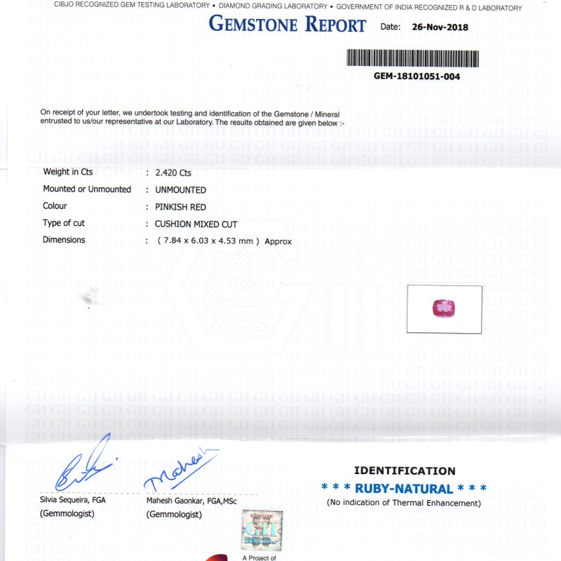 2.42 Ct GII Certified Unheated Untreated Natural Madagaskar Ruby AAA