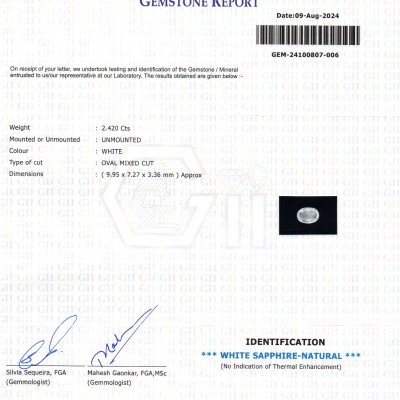 2.42 Ct GII Certified Unheated Untreated Natural Ceylon White Sapphire AAA 2.42 Ct GII Certified Unheated Untreated Natural Ceylon White Sapphire AAA
