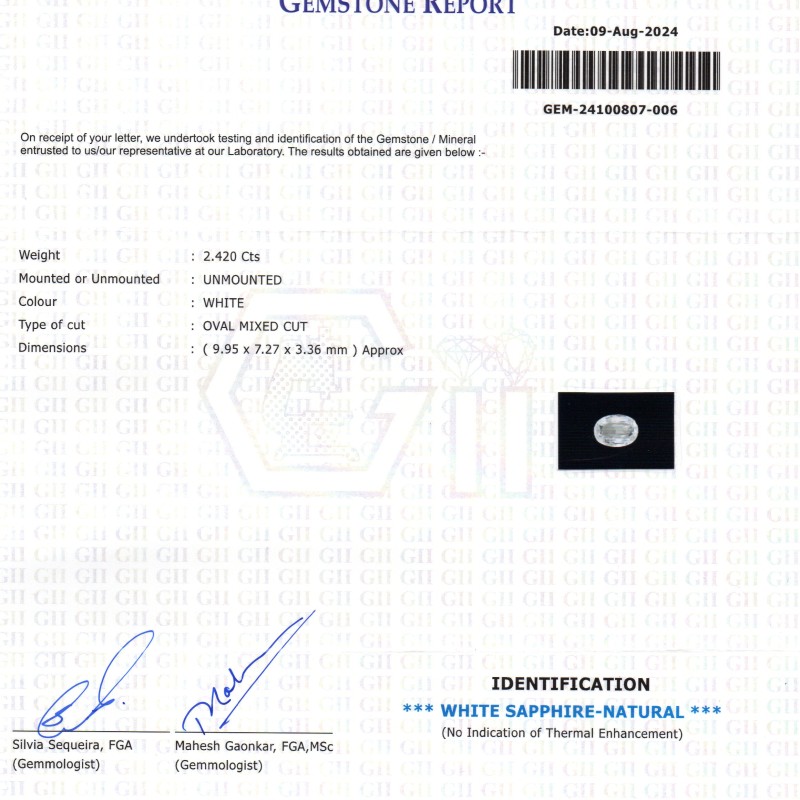 2.42 Ct GII Certified Unheated Untreated Natural Ceylon White Sapphire AAA 2.42 Ct GII Certified Unheated Untreated Natural Ceylon White Sapphire AAA