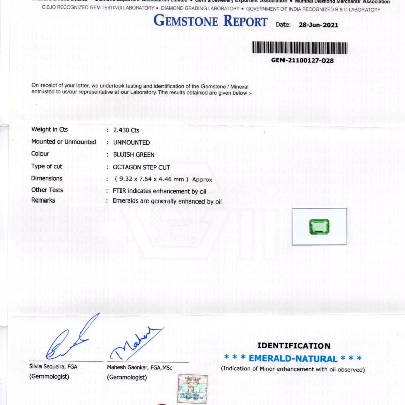 2.43 Ct GII Certified Untreated Natural Zambian Emerald Gemstone AAAAA