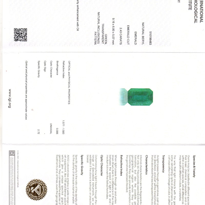 2.43 Ct IGI Certified Untreated Natural Zambian Emerald Gemstone 2.43 Ct IGI Certified Untreated Natural Zambian Emerald Gemstone