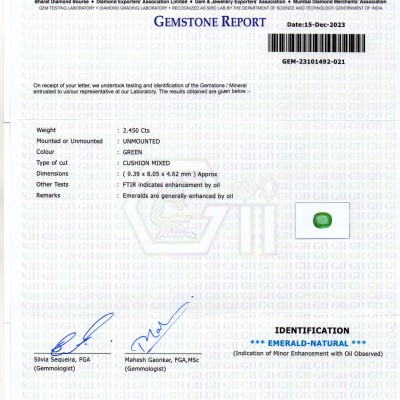 2.45 Ct GII Certified Untreated Natural Zambian Emerald Panna AAAA